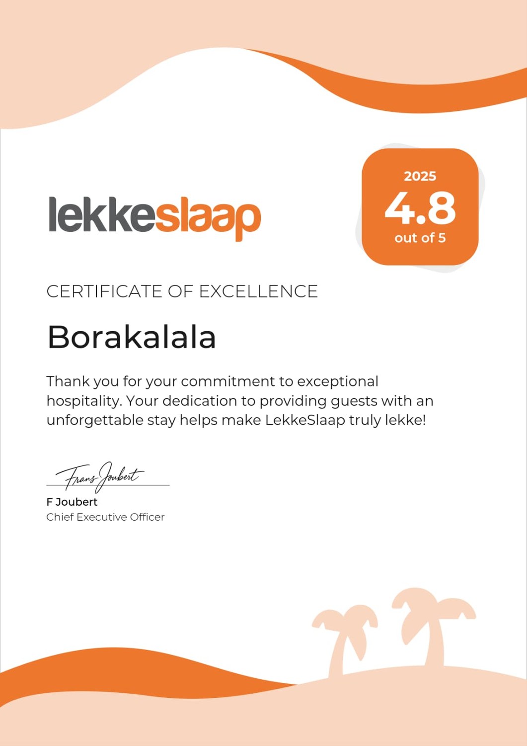 LekkeSlaap 2025 Certificate of Excellence for Borakalala - 4.8 out of 5
